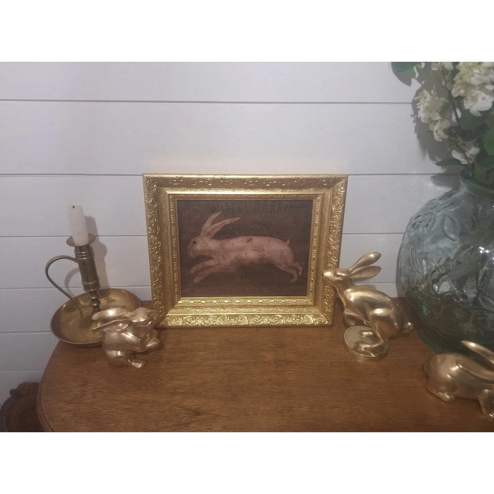 Vintage ornate gold wood frame with new canvas white rabbit print